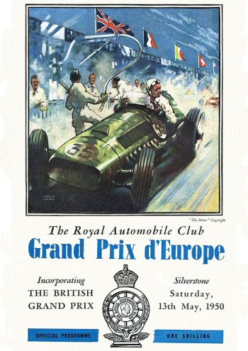 13 Mayıs 1950'de yapılan, Formula 1 tarihinin ilk yarışı olan İngiltere GP posteri